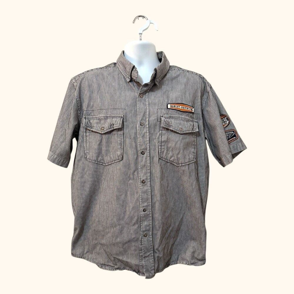 Harley Davidson Men’s Gray Striped Snap Work shirt Size L Patches Ribbed